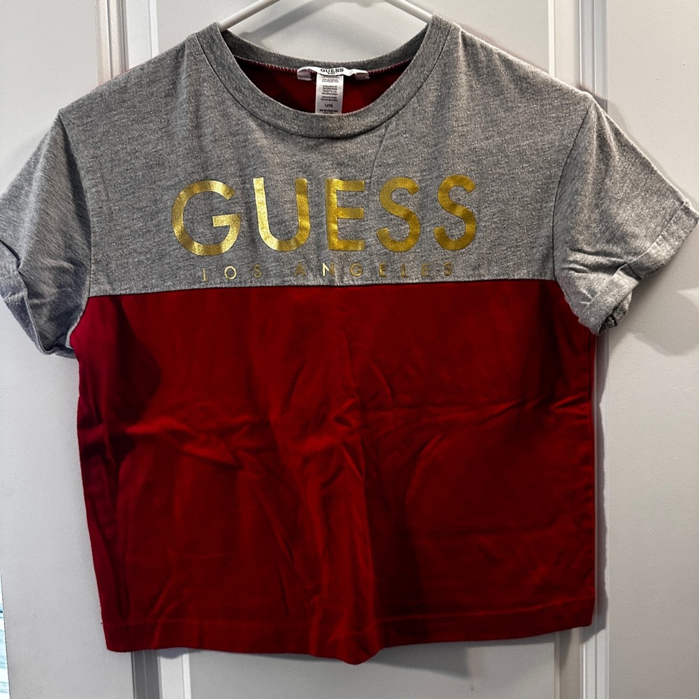 GUESS Kids Gold Logo Gray and Red Tee